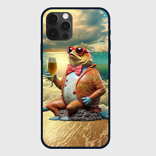Чехол iPhone 12 Pro Max Карп на берегу пьет пиво / 3D-Черный – фото 1