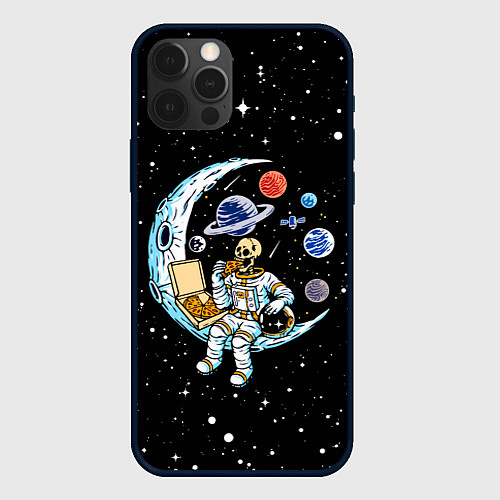 Чехол iPhone 12 Pro Max Skeleton astronaut eats pizza while sitting on the / 3D-Черный – фото 1