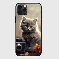 Чехол для iPhone 12 Pro Max Серый котенок, винтажное фото, цвет: 3D-черный