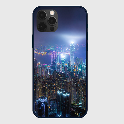 Чехол iPhone 12 Pro Max Большой город в розово-голубых огнях / 3D-Черный – фото 1