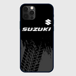 Чехол для iPhone 12 Pro Max Suzuki speed на темном фоне со следами шин: символ, цвет: 3D-черный