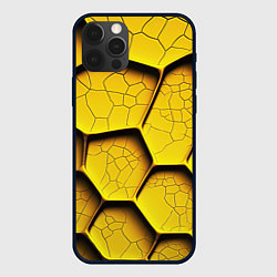Чехол для iPhone 12 Pro Max Желтые шестиугольники с трещинами - объемная текст, цвет: 3D-черный