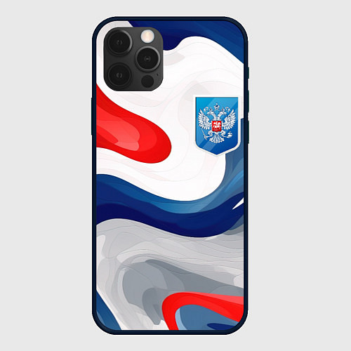 Чехол iPhone 12 Pro Max Герб России триколор / 3D-Черный – фото 1
