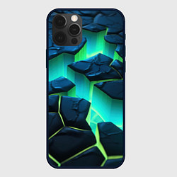 Чехол для iPhone 12 Pro Max Разлом объемных зеленых плит, цвет: 3D-черный