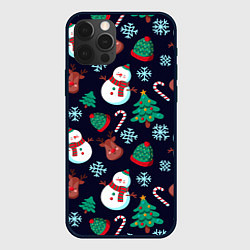 Чехол для iPhone 12 Pro Max Снеговички с рождественскими оленями и елками, цвет: 3D-черный