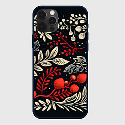 Чехол для iPhone 12 Pro Max Новогодние узоры и рябина, цвет: 3D-черный