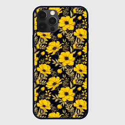 Чехол для iPhone 12 Pro Max Желтые цветы на черном фоне паттерн, цвет: 3D-черный