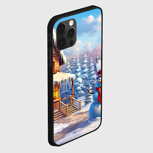 Чехол iPhone 12 Pro Max Новогодняя деревня и снеговик / 3D-Черный – фото 2