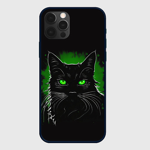 Чехол iPhone 12 Pro Max Портрет черного кота в зеленом свечении / 3D-Черный – фото 1