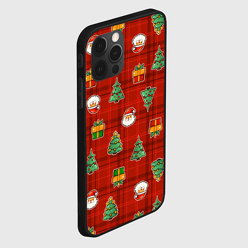 Чехол iPhone 12 Pro Max Елочки и Санта - паттерн красная клетка / 3D-Черный – фото 2
