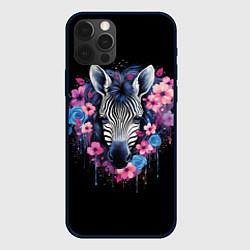Чехол для iPhone 12 Pro Max Портрет зебры в цветах, цвет: 3D-черный