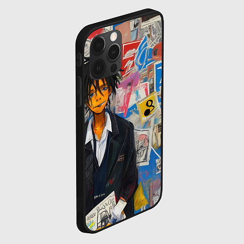 Чехол iPhone 12 Pro Max Аниме пацан на фоне стены / 3D-Черный – фото 2