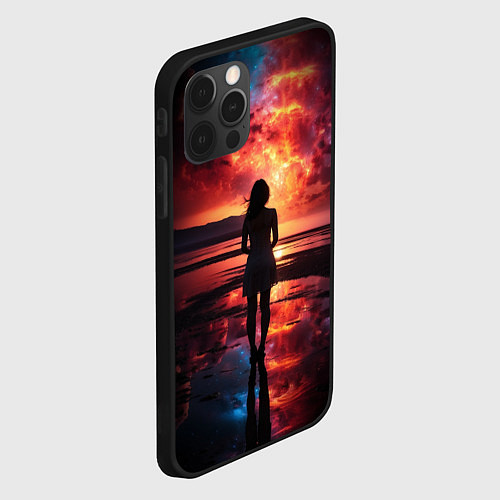 Чехол iPhone 12 Pro Max Девушка на закате - космос / 3D-Черный – фото 2