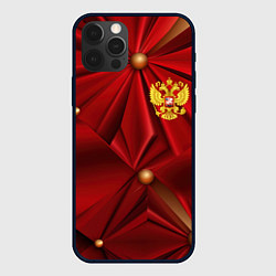 Чехол для iPhone 12 Pro Max Золотой герб России на красной абстракции, цвет: 3D-черный