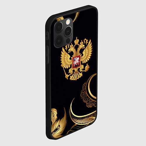 Чехол iPhone 12 Pro Max Золотой герб России и объемные листья / 3D-Черный – фото 2