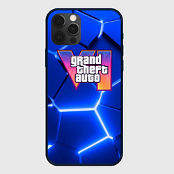 Чехол для iPhone 12 Pro Max GTA 6 лого на фоне разлома синих плит, цвет: 3D-черный