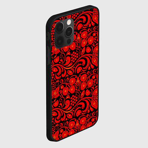 Чехол iPhone 12 Pro Max Хохломская роспись красные цветы и ягоды на чёрном / 3D-Черный – фото 2