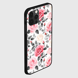 Чехол для iPhone 12 Pro Max Розовые розы и серые листочки - паттерн, цвет: 3D-черный — фото 2