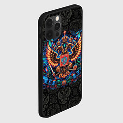 Чехол для iPhone 12 Pro Max Золотой неоновый герб России, цвет: 3D-черный — фото 2
