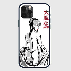 Чехол iPhone 12 Pro Max Девушка вполоборота в стиле манга с японскими иеро