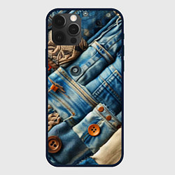 Чехол для iPhone 12 Pro Max Джинсовый пэчворк с пуговицами - мода, цвет: 3D-черный