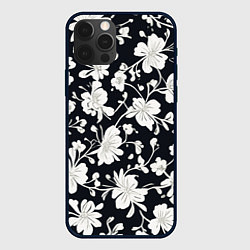 Чехол для iPhone 12 Pro Max Патерн белых цветов на черном фоне, цвет: 3D-черный