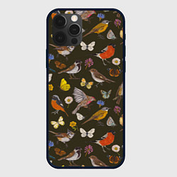 Чехол для iPhone 12 Pro Max Птицы и бабочки с цветами паттерн, цвет: 3D-черный