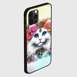 Чехол для iPhone 12 Pro Max Белый кот с голубыми глазами в цветах, цвет: 3D-черный — фото 2