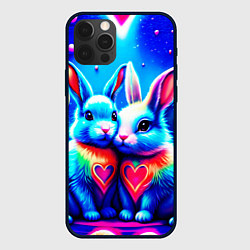 Чехол для iPhone 12 Pro Max Неоновые зайчики - любовь сердечки, цвет: 3D-черный