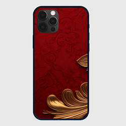 Чехол для iPhone 12 Pro Max Объемный золотой лист на красном текстурном фоне, цвет: 3D-черный