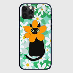 Чехол для iPhone 12 Pro Max Черный кот хиппи в костюме цветочка, цвет: 3D-черный