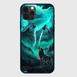 Чехол для iPhone 12 Pro Max Волки воют на луну и северное сияние, цвет: 3D-черный