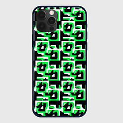 Чехол для iPhone 12 Pro Max Бело-зелёные фигуры на чёрном фоне, цвет: 3D-черный