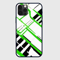 Чехол для iPhone 12 Pro Max Зелёно-чёрные полосы на белом фоне, цвет: 3D-черный