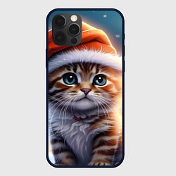 Чехол для iPhone 12 Pro Max Новогодний котенок в шапочке, цвет: 3D-черный