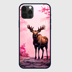Чехол для iPhone 12 Pro Max Лось в розовом лесу, цвет: 3D-черный