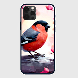 Чехол для iPhone 12 Pro Max Снегирь в цветах, цвет: 3D-черный