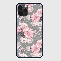 Чехол для iPhone 12 Pro Max Розовые розы на сером, цвет: 3D-черный