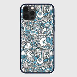 Чехол для iPhone 12 Pro Max Дудлинг серо-голубой, цвет: 3D-черный