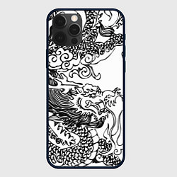 Чехол для iPhone 12 Pro Max Татуировка дракона на белом, цвет: 3D-черный