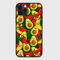 Чехол для iPhone 12 Pro Max Авокадо, бананы, перцы чили улыбаются - паттерн фр, цвет: 3D-черный