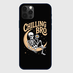 Чехол для iPhone 12 Pro Max Скелет держит ромашку и сидит на полумесяце, цвет: 3D-черный