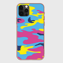 Чехол для iPhone 12 Pro Max Камуфляж: голубой/розовый/желтый, цвет: 3D-светло-розовый