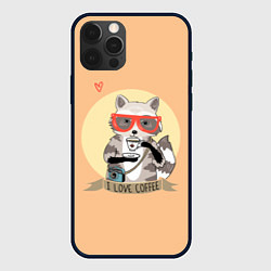 Чехол для iPhone 12 Pro Raccoon Love Coffee, цвет: 3D-черный