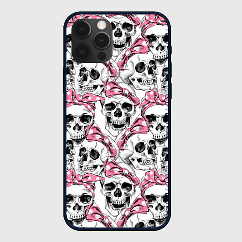 Чехол iPhone 12 Pro Черепа в розовых платках / 3D-Черный – фото 1