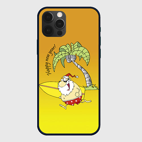 Чехол iPhone 12 Pro Happy New Year - Santa on the beach / 3D-Черный – фото 1