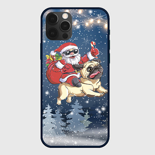 Чехол iPhone 12 Pro Санта едет на мопсе / 3D-Черный – фото 1