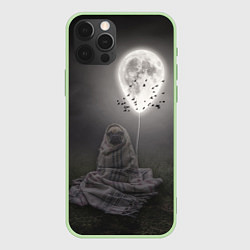 Чехол для iPhone 12 Pro Мопс и луна, цвет: 3D-салатовый