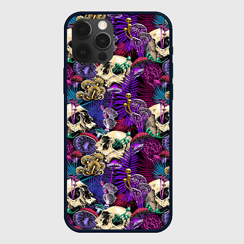 Чехол iPhone 12 Pro Психоделика - черепа и грибы / 3D-Черный – фото 1
