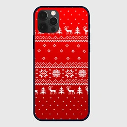 Чехол для iPhone 12 Pro Красный узор с оленями, цвет: 3D-черный